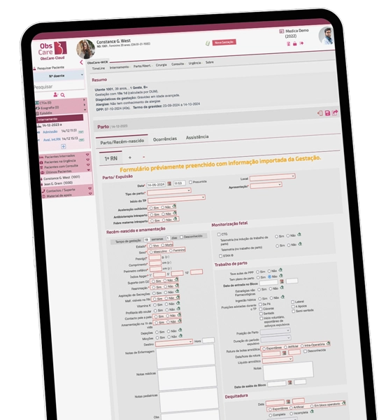Interface do Obscare que retrata os registos clínicos da sala de parto